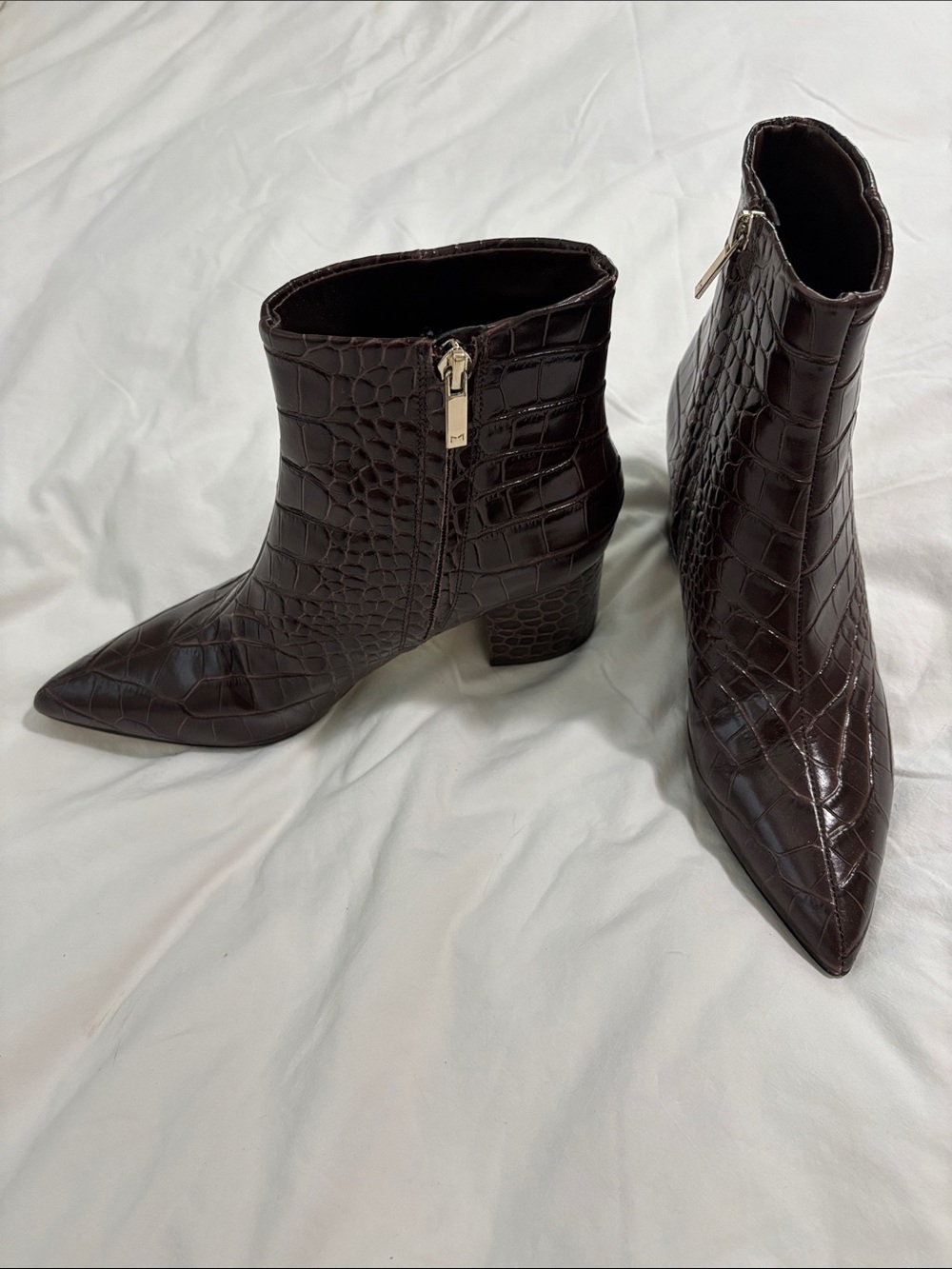 Marc Fisher Croc-Embossed Pointed Toe Ankle Boots - Brown